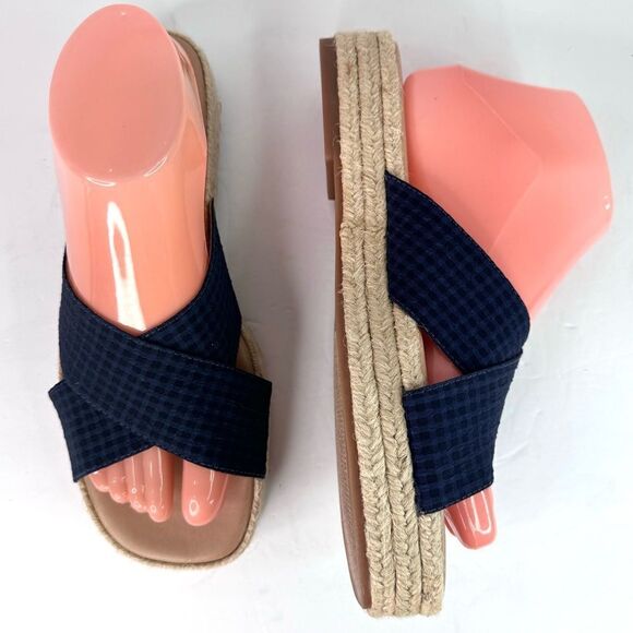 NWOB! Lucky Brand Gayte Espadrilles Slides Slip On Check Blue Sandals Sz 7.5 - Picture 1 of 12
